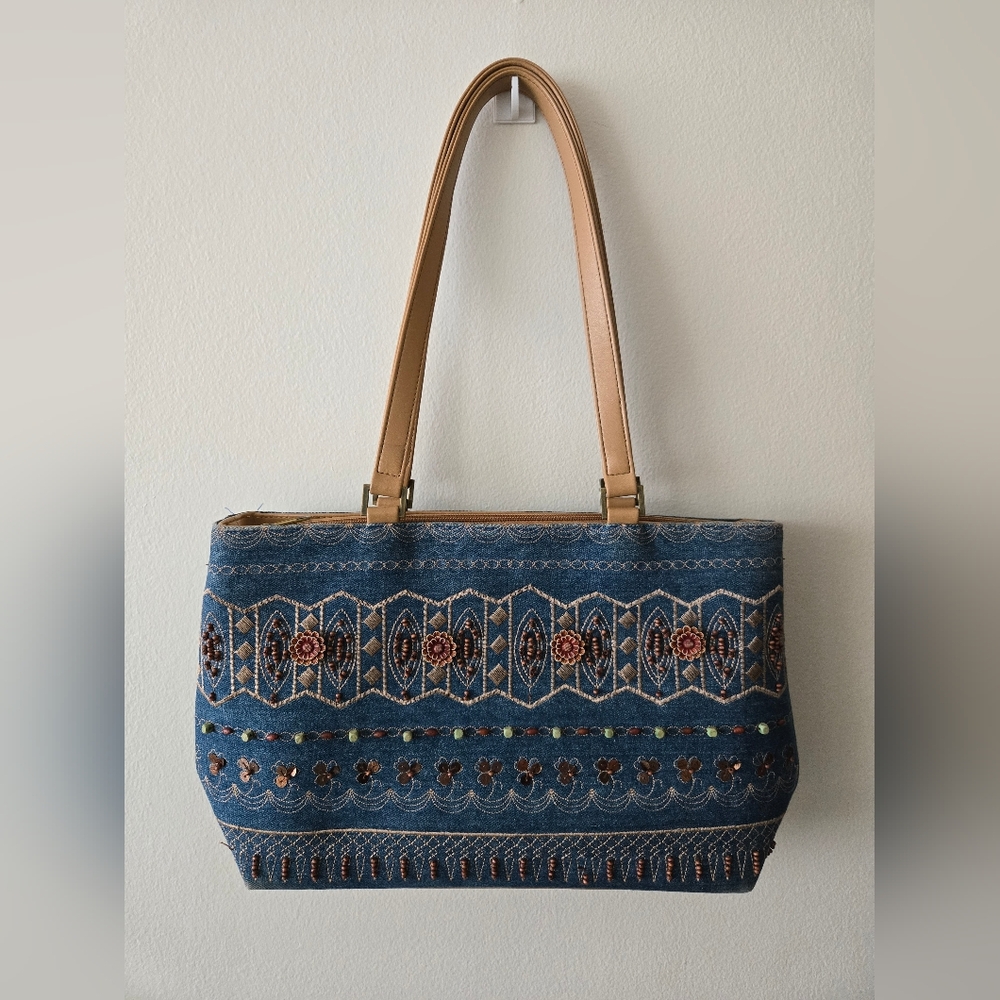 Blue and Tan Embroidered, Sequined, And Beaded Tote Bag